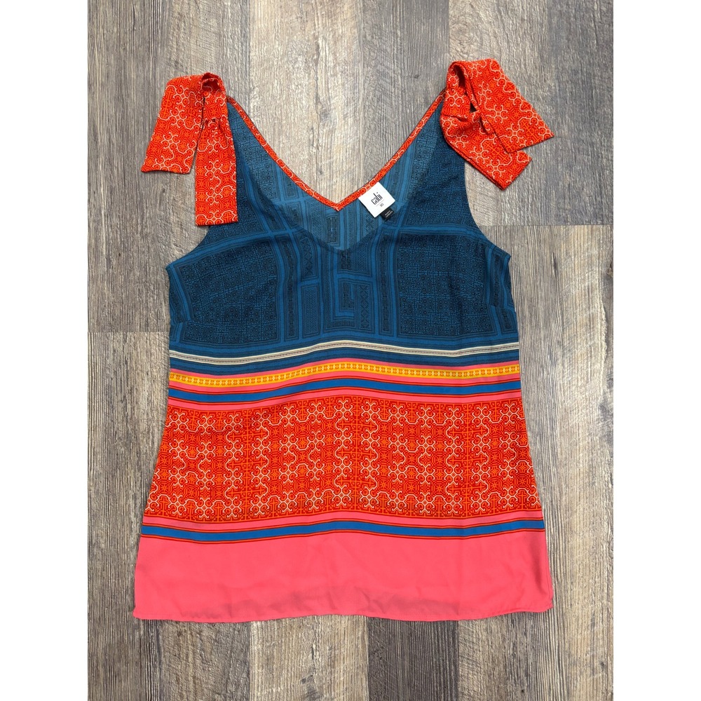 Cabi 5787 Tile Print Bow Shoulder Tank Top Teal Orange Pink Womens XS - Picture 1 of 6